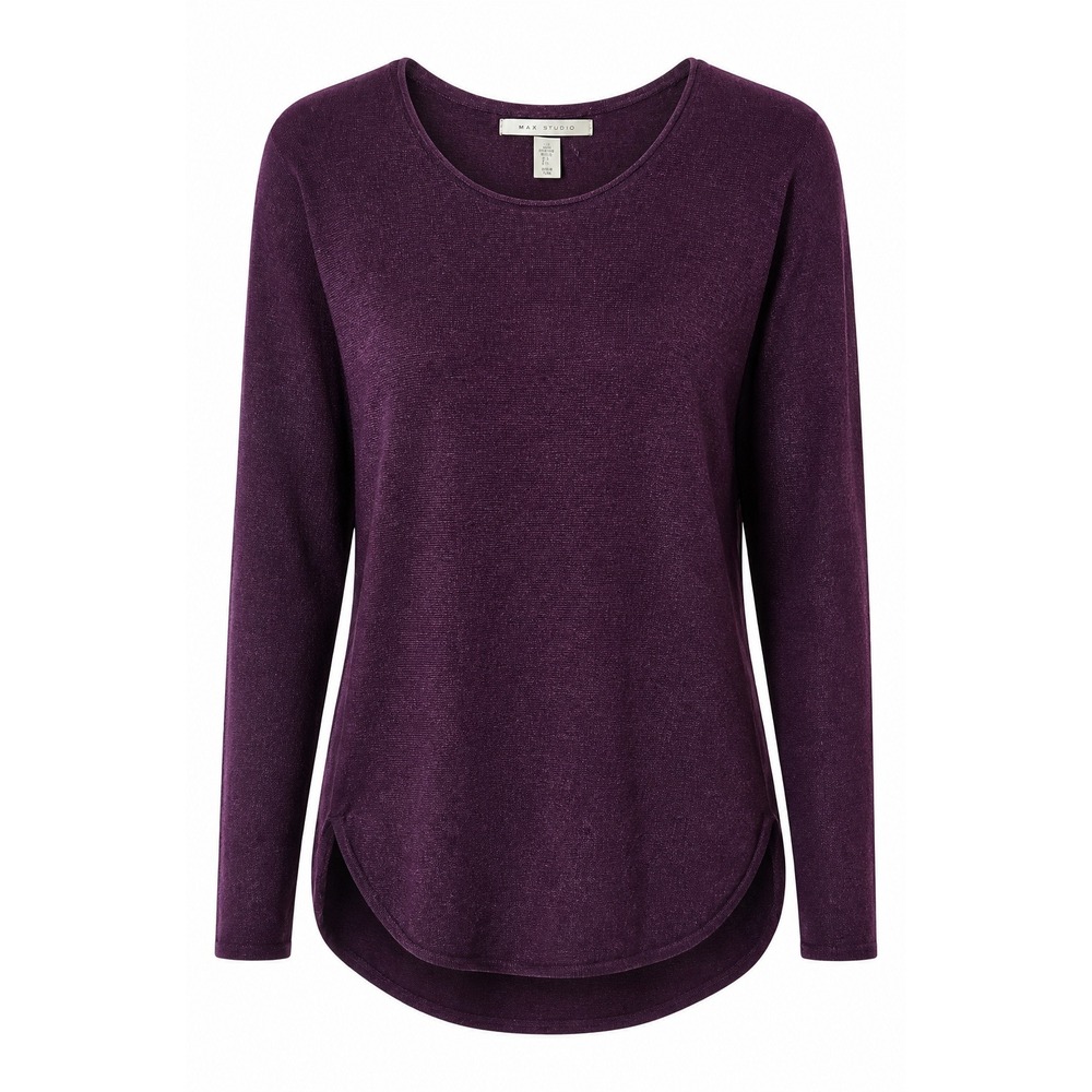 Max Studio Womens 100% Extra Fine Merino Wool Plum Purple Scoop Neck Sweater Lg